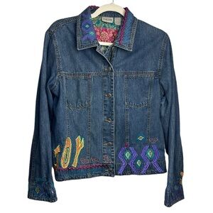 Chicos VTG Embroidered Denim Jean Jacket Patchwork Aztec Hippie Beaded Sz Medium